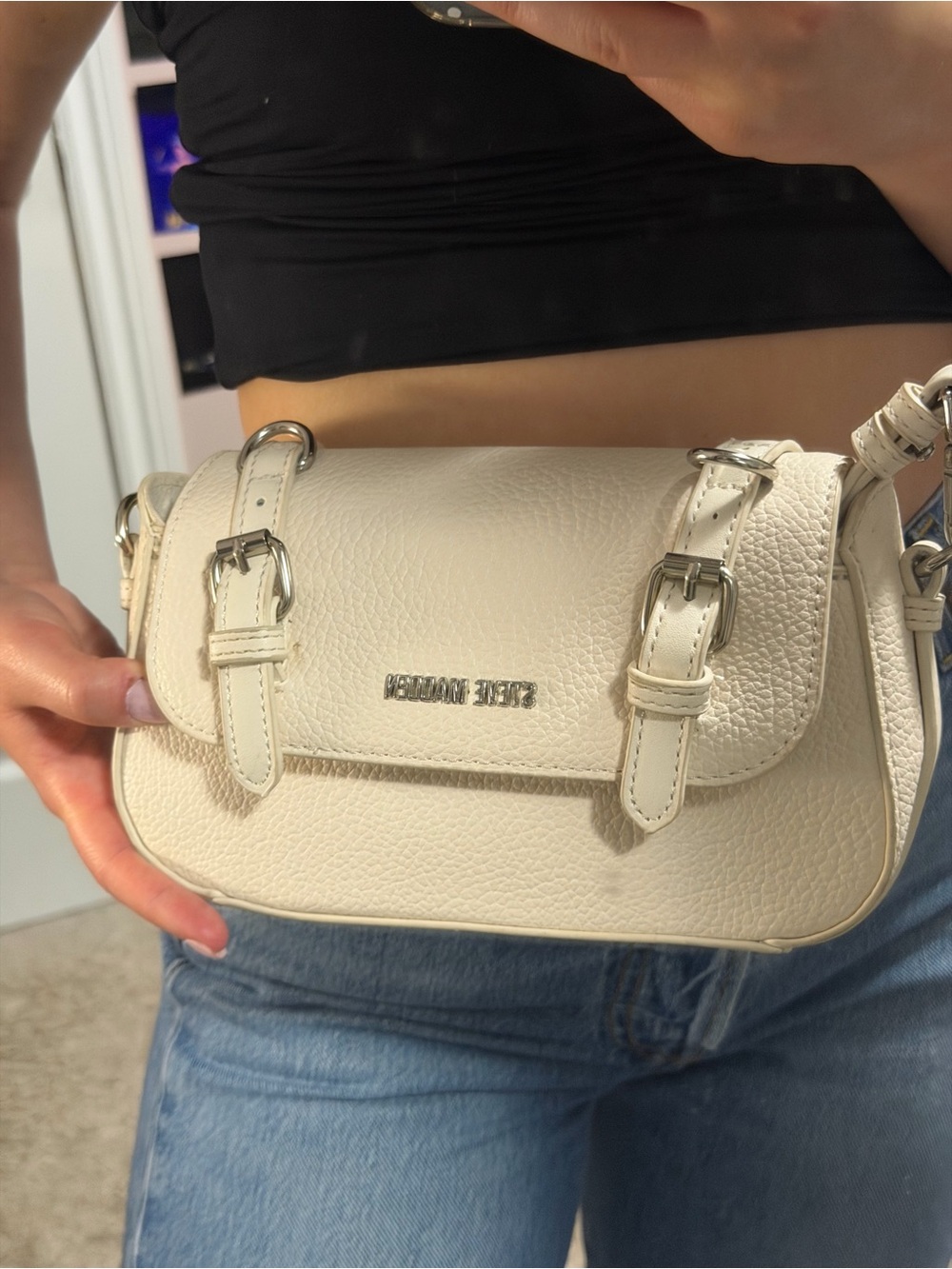 Steve Madden Cream Pebbled Leather Crossbody Bag with Buckle Straps